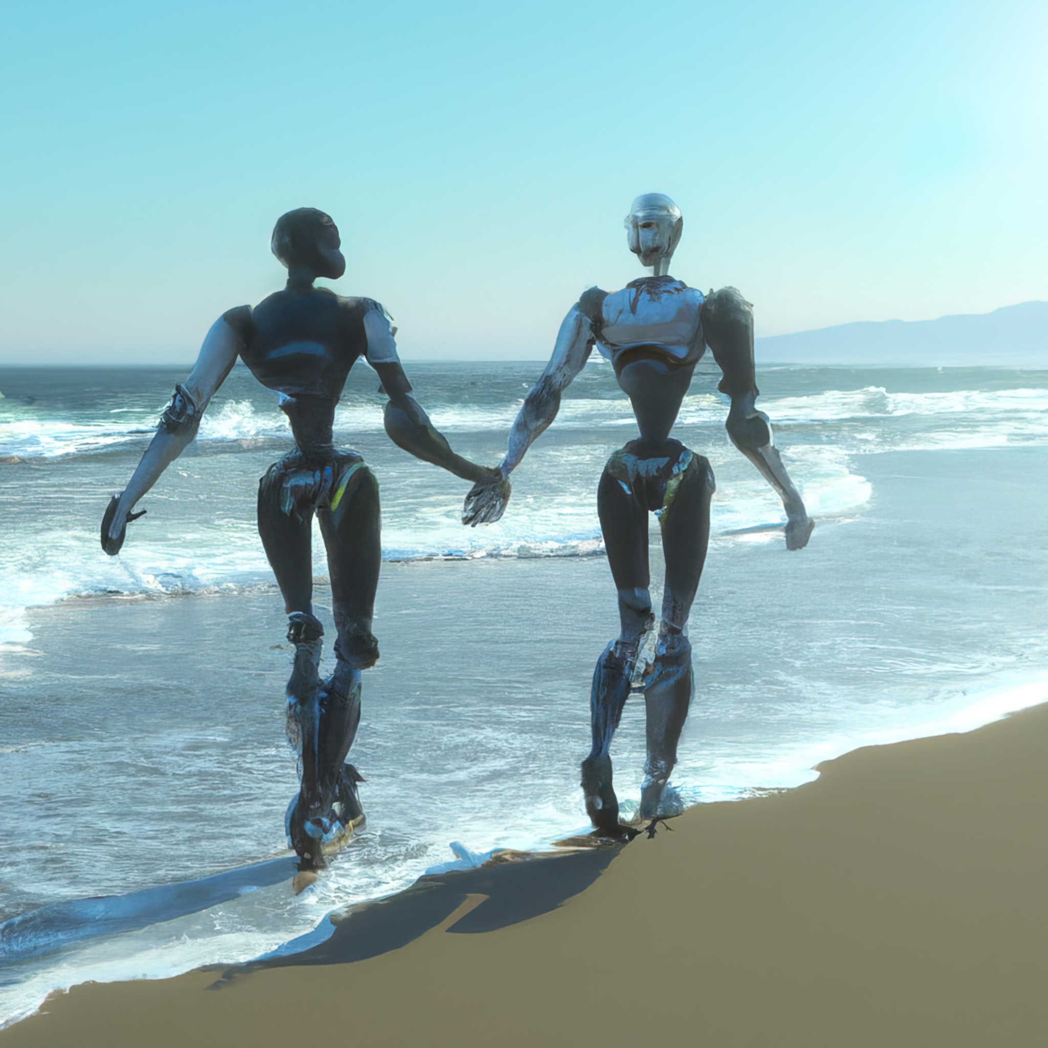 Androids in love holding hands in a beach simulation_Moises_Sanabria_Fabiola_Larios